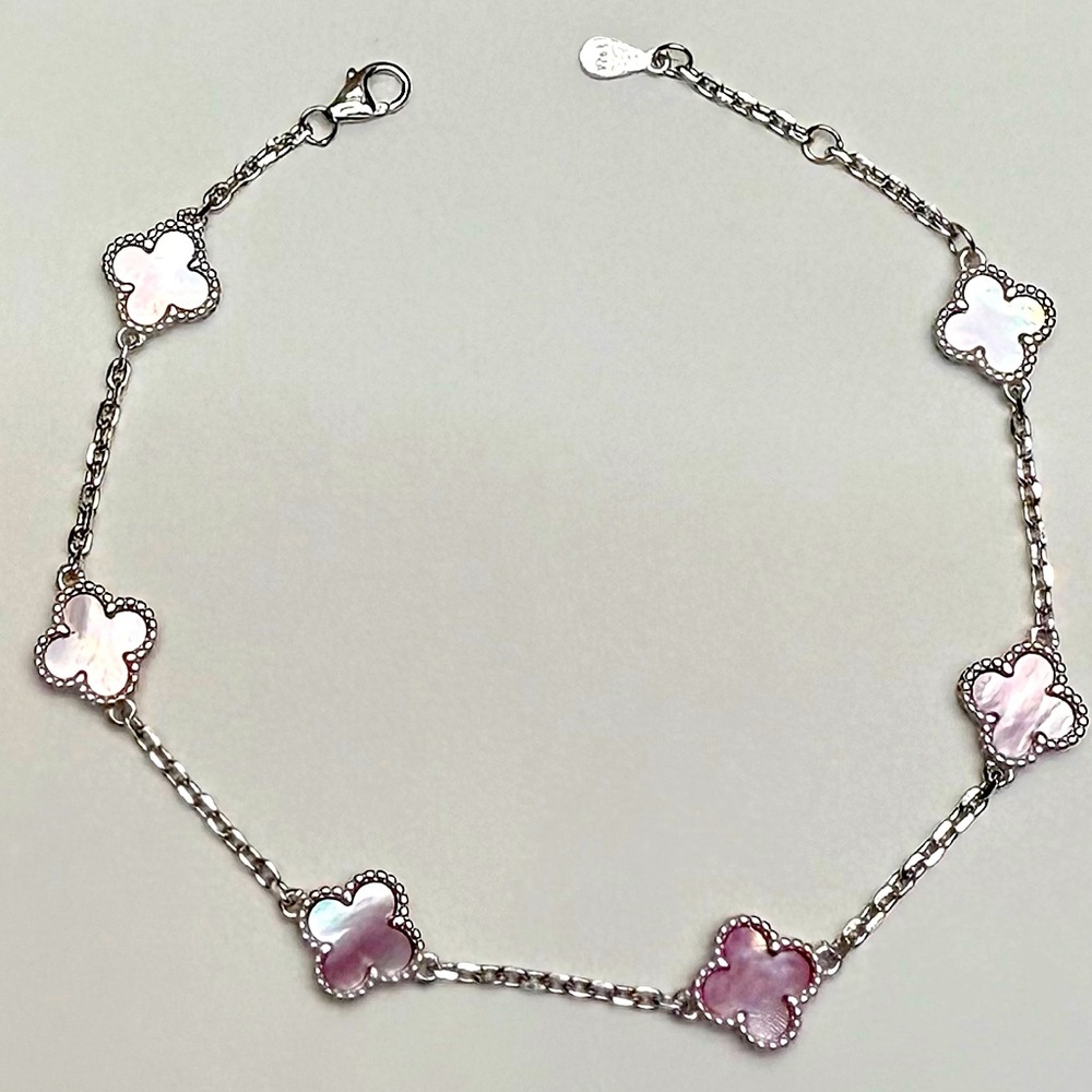 BCL13 LILAC Pink Mother of Pearl STATION Dainty Clover Bracelet 18KWGold S925